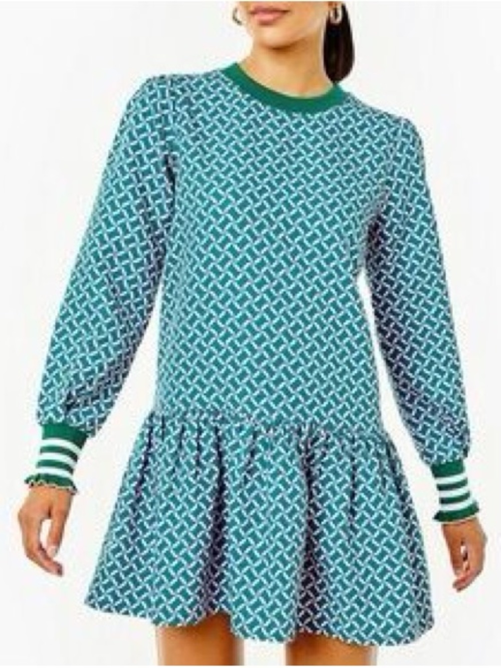 Addison Bay Teal Patterned Long-Sleeve Ruffle Dress with Green Trim Medium